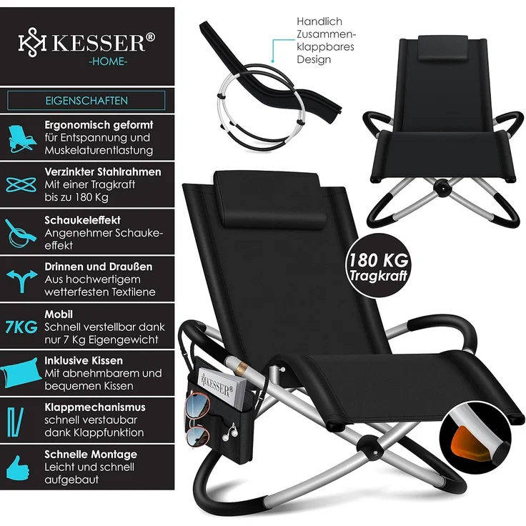 KESSER® Relaxliege Liegestuhl | Gartenliege | Gartenstuhl | Klappstuhl faltbar | Schwungliege | Schaukelsessel | ergonomische Relaxsessel | wetterfest | 180 kg Belastung | 174 x 78 x 89 cm Schwarz - mit Set – Bild 2