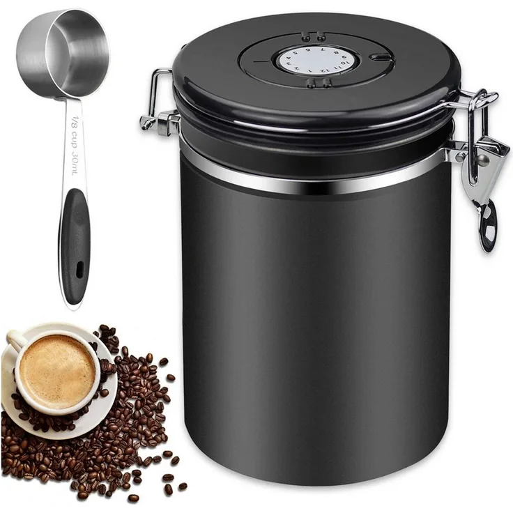 AKKEE Kaffeedose Edelstahl Luftdicht Kaffeebohnen Vorratsdose Mit Löffel 1.5/1.8L, Luftdichte Kaffeebehälter