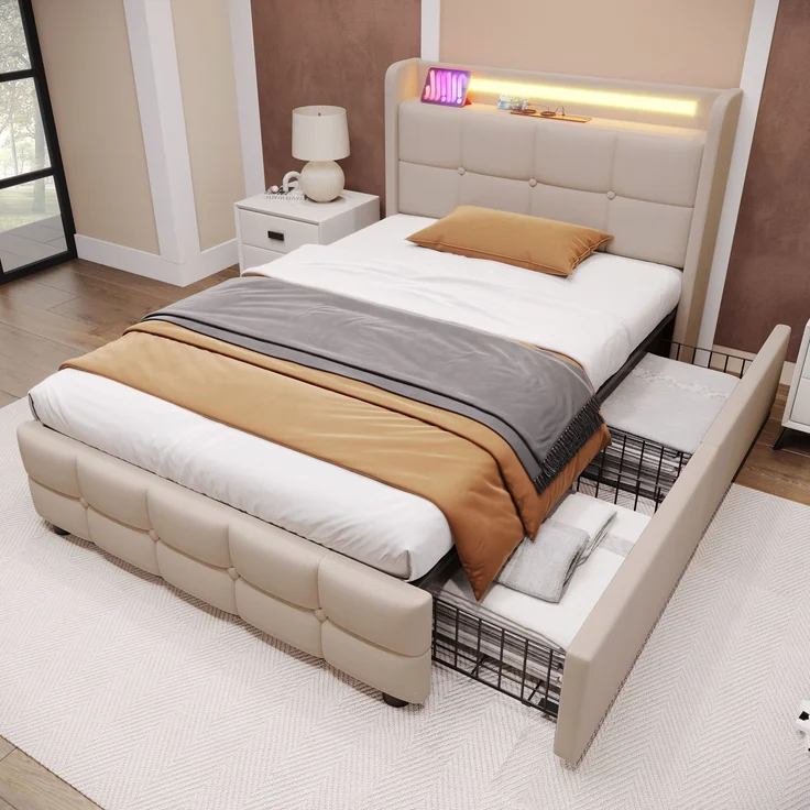 Einzelbett 90 × 200 cm mit Steckdosen,USB-Anschlüssen und LED-Beleuchtung,2 Schubladen,Leinenbezug in Beige,inklusive Matratze – Bild 4