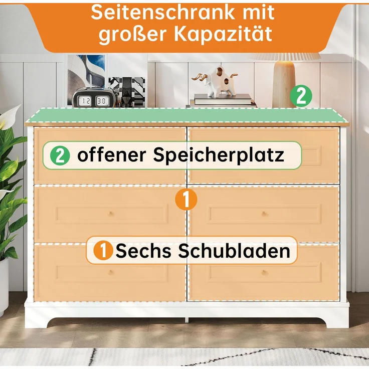 DESVIAE Sideboard mit 6 Schubladen 120x76x40 cm MDF und Spanplatte Weiß/Naturholz – Bild 4