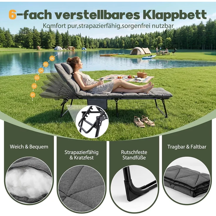Sekey 6-Fach Verstellbar Campingbett 190 cm Feldbett Klappbar mit Matratze und befestigbarem Kopfkissen, Grau – Bild 3