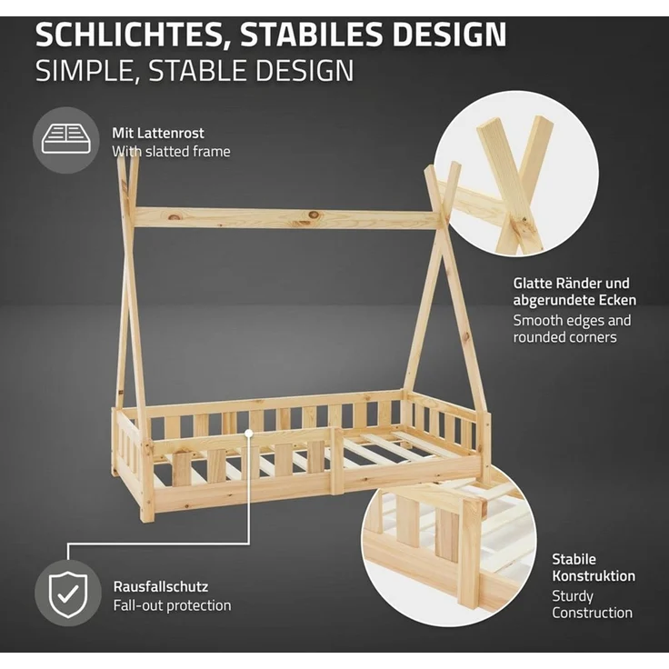 ML-DESIGN Spielbett Hausbett Tipi Zeltbett inkl. Lattenrost Bodenbett Kinder Himmelbett, Abenteuerbett mit Rausfallschutz Zelt Kinderbett Kiefer Kinderhaus – Bild 3