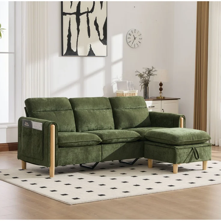 DESVIAE Sofa 3-Sitzer mit Stauraumhocker und Seitentaschen 201x77x86 cm Chenille Grün – Bild 2