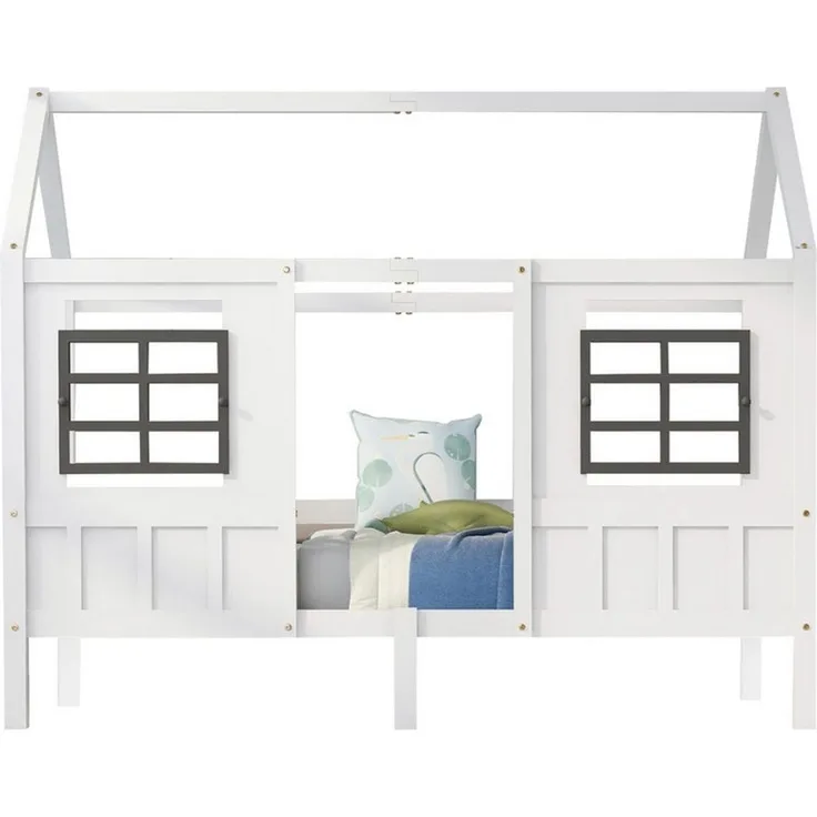 Merax Hausbett 90x200 cm mit Rausfallschutz und Fenstern, Kinderbett mit Lattenrost aus Kiefer, Einzelbett, Jugendbett, Bettrahmen