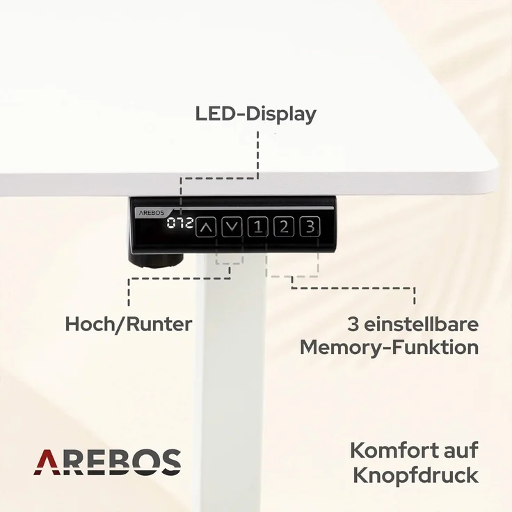 Arebos Schreibtisch Computer-Bürotisch 160 x 80 cm, elektrisch Memory-Funktion, 72-118 cm höhenverstellbar, Hebekapazität: 70 kg – Bild 5