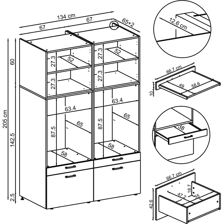Roomart Waschmaschinenschrank Doppelschrank - SERIE 2 – 134 cm breit, Überbauschrank für Waschküche & Hauswirtschaftsraum– mit Ausziehbrett – • Eiche – Bild 5