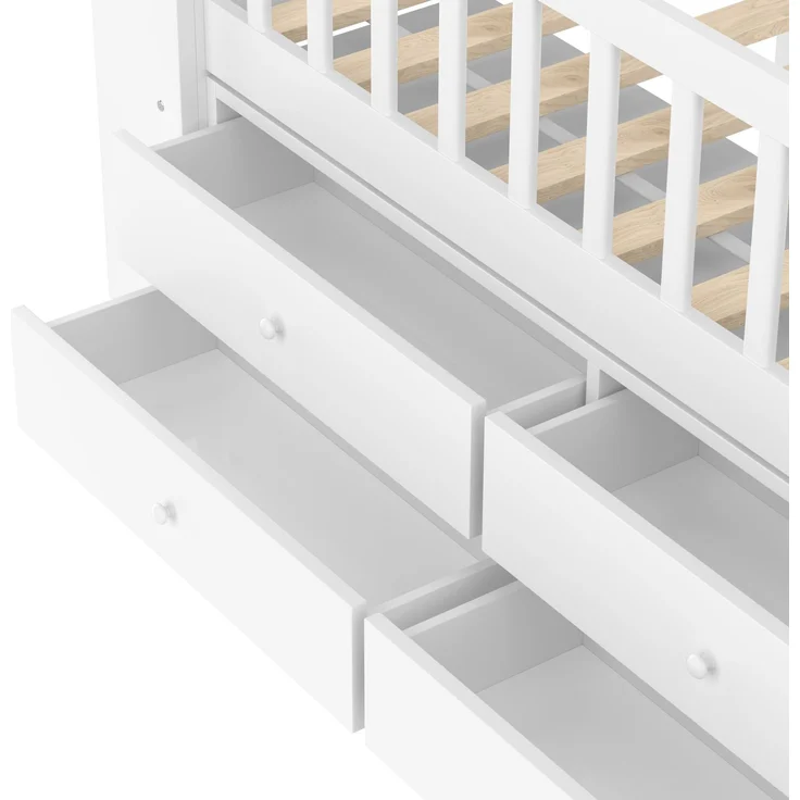 Halbhohes Kinderbett 90x200 cm in Hausform mit LED, 4 Schubladen, Regalen und Leiter, Weiß – Bild 8