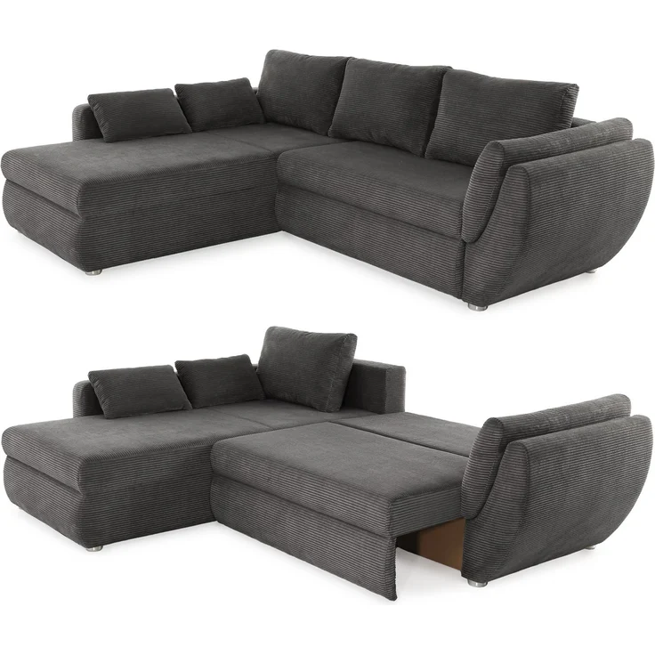 Ecksofa Schlaffunktion Couch mit Rutschenlehne Bettkasten Cord Dunkelgrau – Bild 8