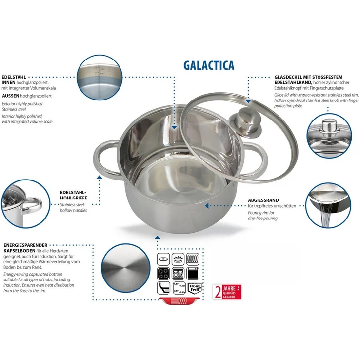 Elo Basic Topf-Set Galactica, Edelstahl 201 (Set, 9-tlg, je 1 x Kochtopf mit Deckel Ø 14/16/20/24 cm, 1 Stielkasserolle Ø 16 cm), Induktion – Bild 2