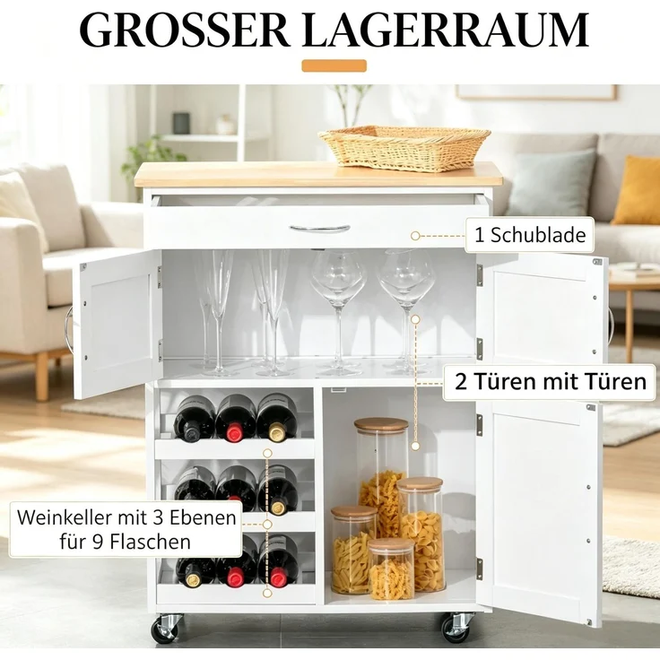 EINHOM Kompakter Küchenwagen mit Aufbewahrungsraum, Platzsparender Rollbarer Buffetschrank, Küchenaufbewahrungsorganisator – Bild 4