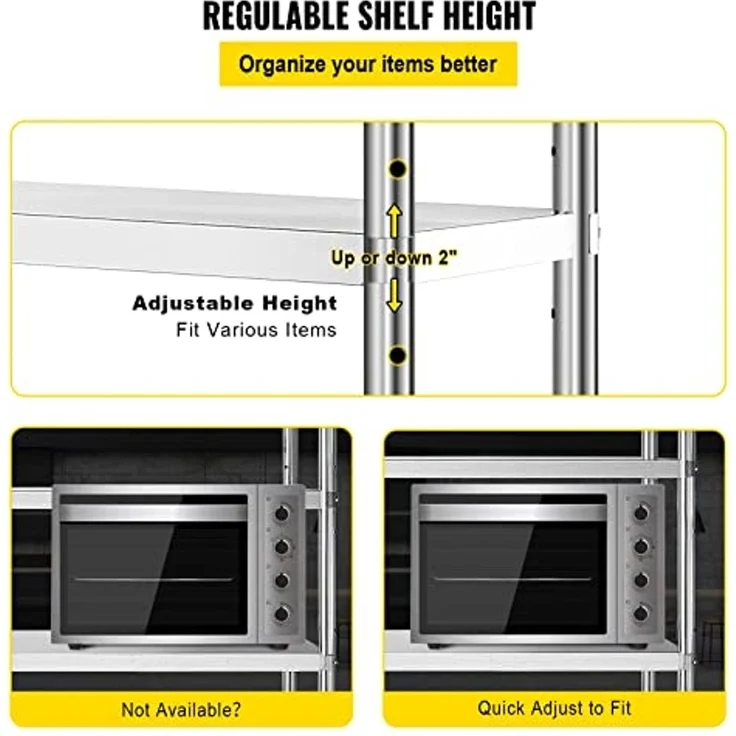 VEVOR Edelstahl-Regal, 122x47 cm, 5 Etagen, verstellbares Regal, Aufbewahrungseinheit, Edelstahl, Schwerlastregal für Küche, Gewerbe, Büro, Garage, Lagerung, 150 kg pro Regal – Bild 6