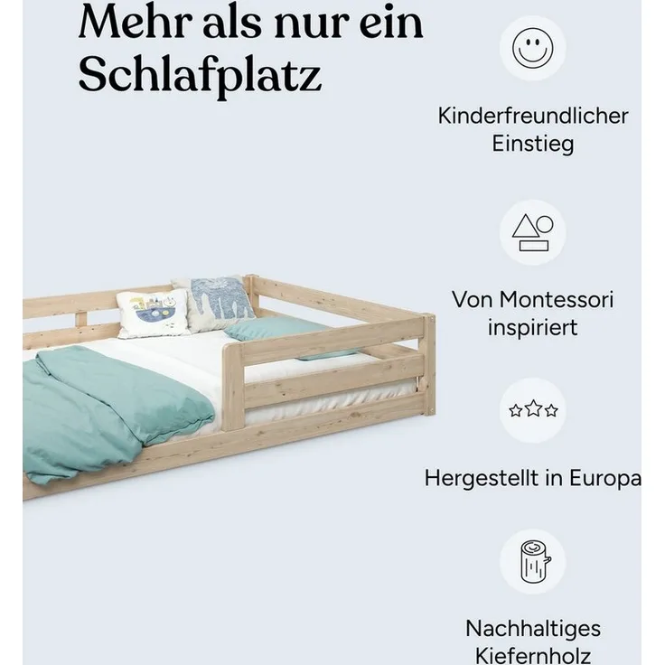 Ehrenkind Kinderbett Bodenbett 90x200 und 120x200 mit Rausfallschutz in Natur und Weiß,.