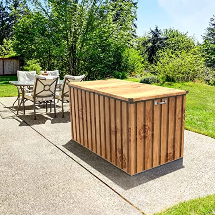 Duramax DH 1.3 (585L) Kissenbox aus Metall mit hydraulischer Gasdruckfeder und Vorhängeschlossöse, Terrassenbox und Gartenmöbelaufbewahrung für den Außenbereich, Holzmaserung – Bild 2