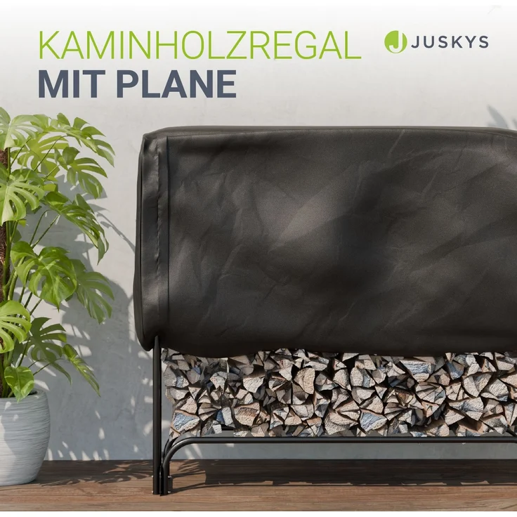 Juskys Kaminholzregal L 260x117x36 cm – Schwarz, Brennholzregal aus Stahl mit Abdeckung, Holzunterstand für Garten & Terrasse, 300 kg belastbar – Bild 2
