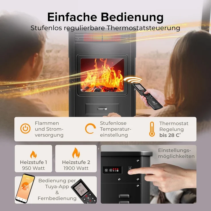 KESSER® Prio Elektrokamin mit Heizung Heizlüfter Fernbedienung WiFi App 950/1900 W Kamin elektrisch LED-Flammeneffekt Kaminfeuer Elektro Kamin mit Thermostat Panorama-Sichtfenster Heizfunktion Timer Schwarz, Xtra-Large – Bild 5