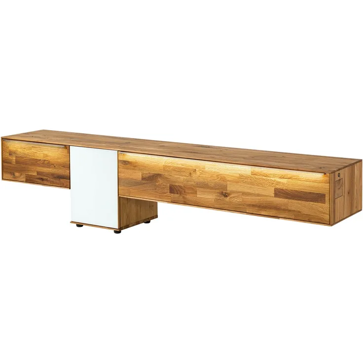 Lowboard Wildeiche 220x43x55 natur geölt / Glas weiß WIEN #107