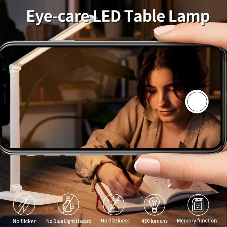 LQWELL Schreibtischlampe LED Schreibtischlampe Dimmbar Metallmaterial, LED wechselbar, 5 Farben & 10 Helligkeitsstufen Augenfreundliche Nachttischlampe, USB-Aufladung, Touch-Steuerung & Memory-Funktion – Bild 3