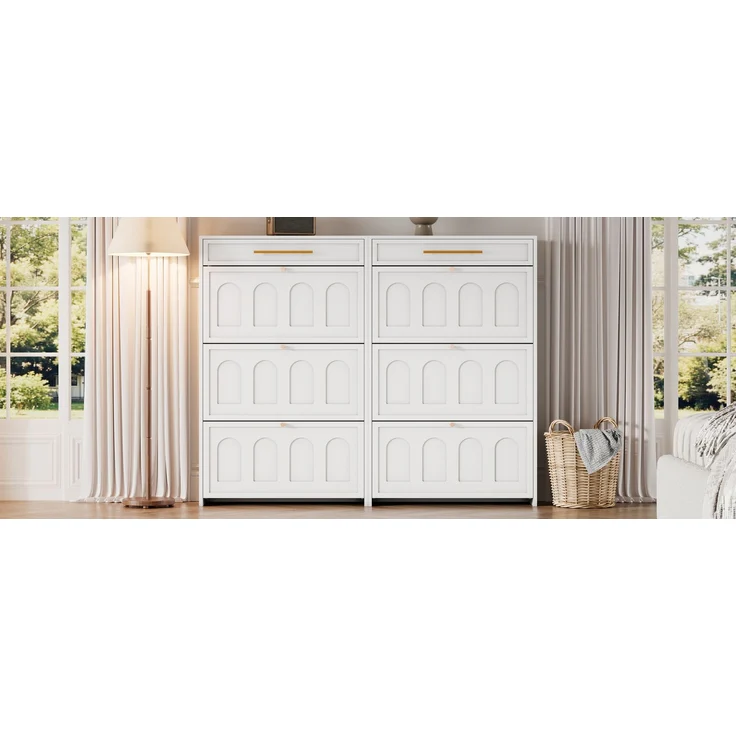 ZUBALIYA Schuhschrank (140 x 25 x 123,5 cm), 2 Schubladen, Verstellbare Einlegeböden, Stauraum für Flur und Eingangsbereich, Weiß – Bild 9