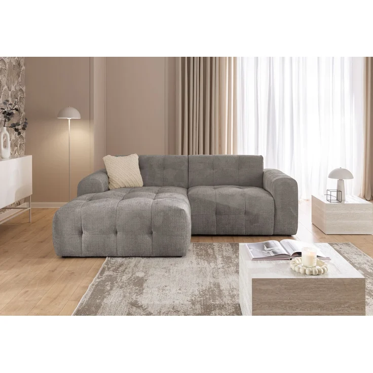 Modernes Ecksofa mit Ottomane links, markante Steppungen, Chenille Braun Taupe, 234 x 161 x 79cm – Bild 2