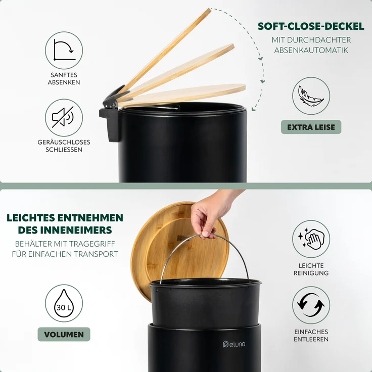 eluno Mülleimer Treteimer, 30 Liter aus Bambus und schwarzem Metall – Bild 3
