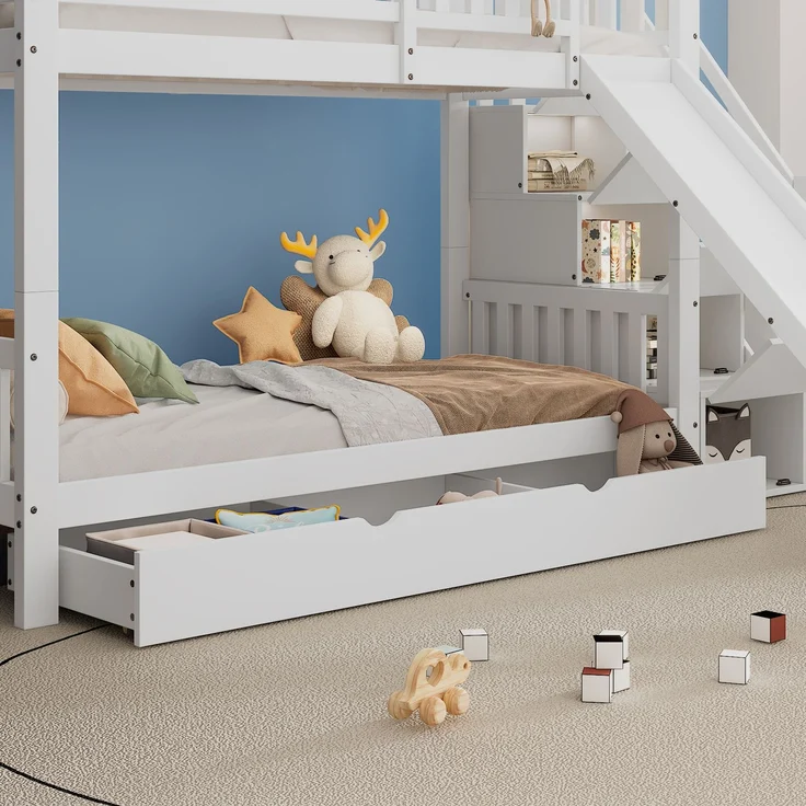Etagenbett Hausbett 90x200 mit Treppe Stauraum Rutsche Schubladen Kinderbett Hochbett Spielbett Kiefernholz Weiß – Bild 4
