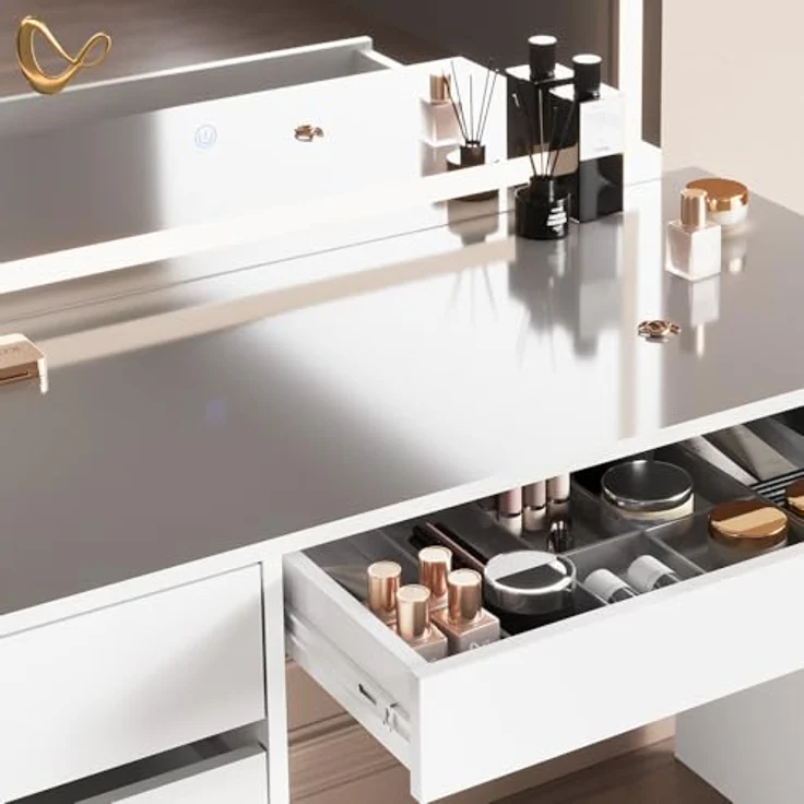 Livinity® Schminktisch Imola, Weiß, mit LED-Spiegel und Hocker (3-St) – Bild 7