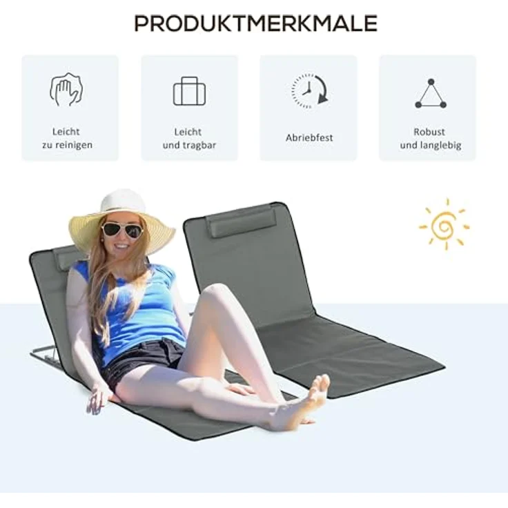 Outsunny Strandmatte 2er Set, Faltbare Strandliege mit Kopfkissen, 5-stufig höhenverstellbare Strandmatratze, Grau, inkl. Tragetasche und Stahlrahmen – Bild 7