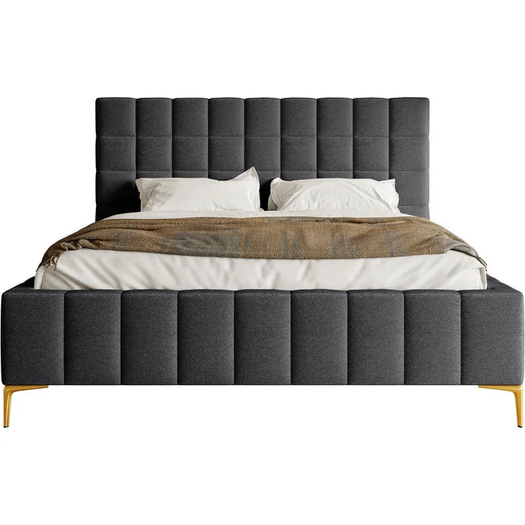 Selsey Polsterbett Szejlo, Dunkelgrau, 160x200 cm mit gepolstertem Kopfteil und Bettkasten