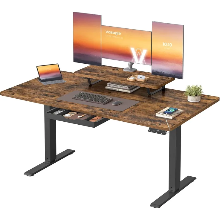 VASAGLE Höhenverstellbarer Schreibtisch, 140x70 cm, flexibel montierbarer Monitorständer, Schublade, USB-C-Anschluss, Erinnerung bei langem Sitzen, für Büro, vintagebraun LSD154KD01