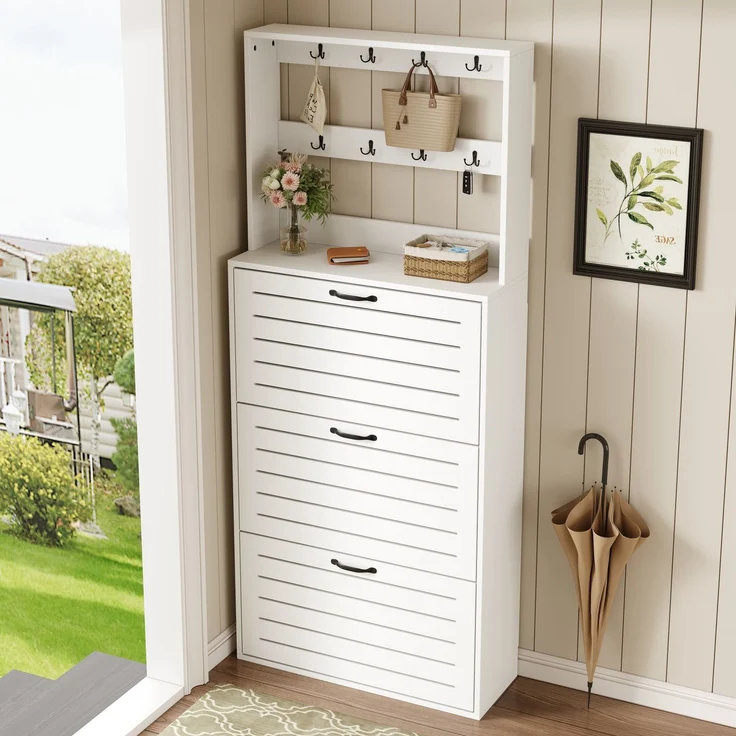 ZUBALIYA Schuhschrank (70 x 25 x 163 cm), 3 Türen, Lamellengestaltung, Aufbewahrung für Schuhe, Hausschuhe und Schuhzubehör, Weiß – Bild 10