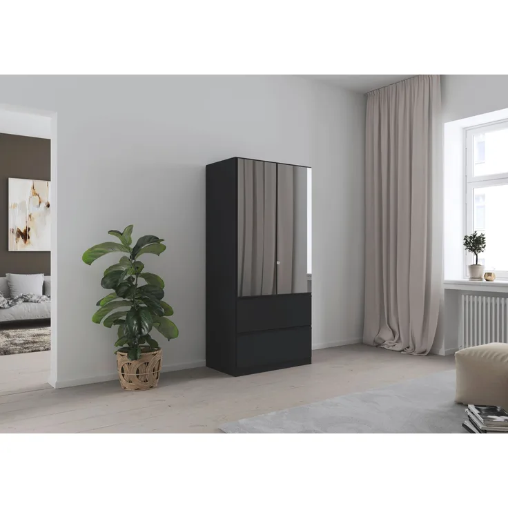 rauch Kleiderschrank, Drehtürenschrank COSTA, 2-türig, 2 Spiegeltüren, 2 Schubkästen, Grau metallic, 91 x 197 x 54 cm