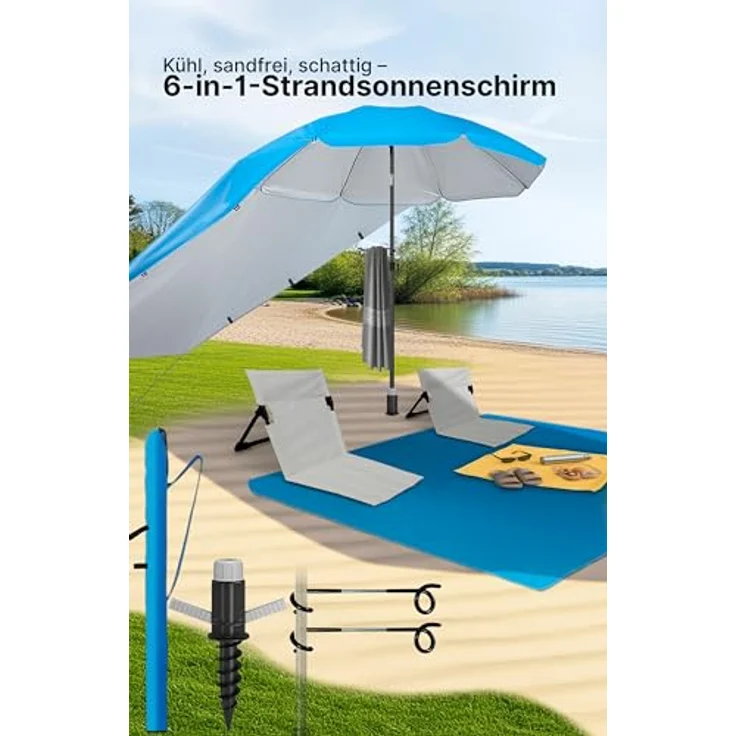 4smile Sonnenschirm 6er-Set in Blau, Ø 180 cm,Sonnenschirm Strand, bequeme Strandliege, stabiler Schirmständer Erdspieß, Sonnensegel Strand, leichte Stranddecke(1,5x2 m), Schirmhülle – Bild 3