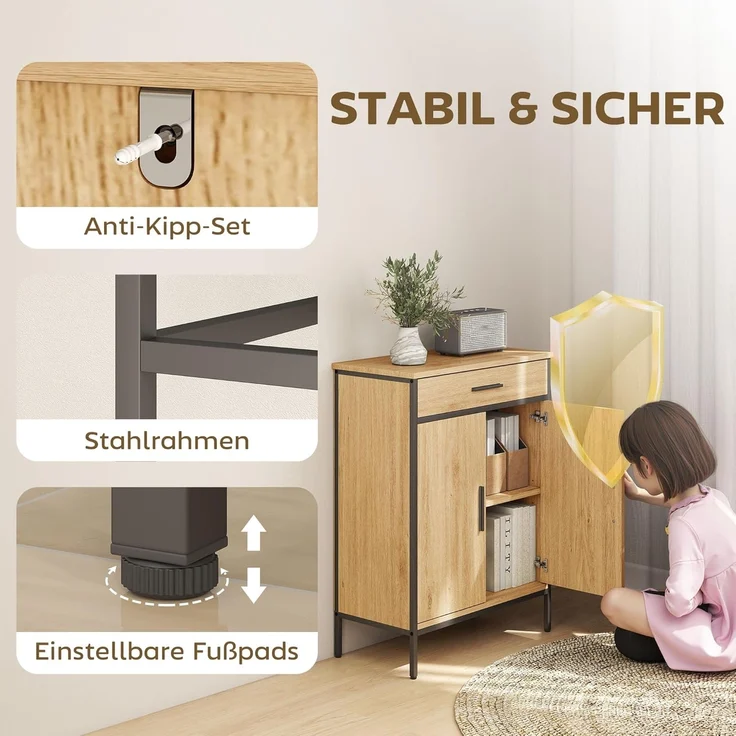 HOMCOM Badkommode zweistufige Regale, große Schublade (Badezimmer-Aufbewahrungsschrank, 1 St, Badezimmer-Unterschrank), Eiche – Bild 7