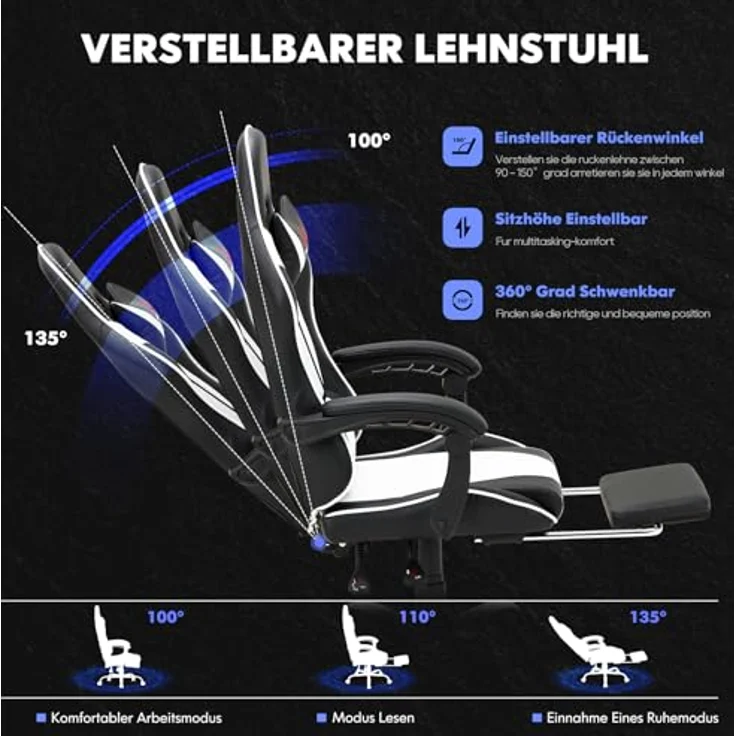 COLAMY Gaming Stuhl, Computer Stuhl mit Fußstütze und Lendenwirbelstütze, höhenverstellbarer Gaming Chair mit 360°-Drehsitz und Kopfstütze, Video Gamer PC Stuhl, Ergonomische hohe Rückenlehne, Weiß – Bild 7