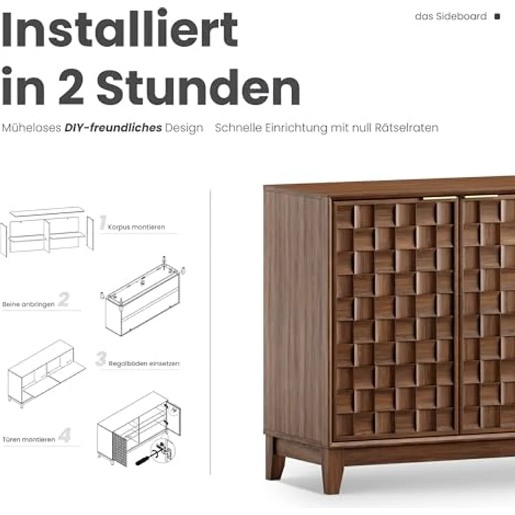 COLAMY Sideboard 150 cm Holz mit Stauraum – Modernes Sideboard für Wohnzimmer, Küchenschrank mit verstellbaren Einlegeböden, Buffet Schrank mit 3D Holzfront, Walnut – Bild 7