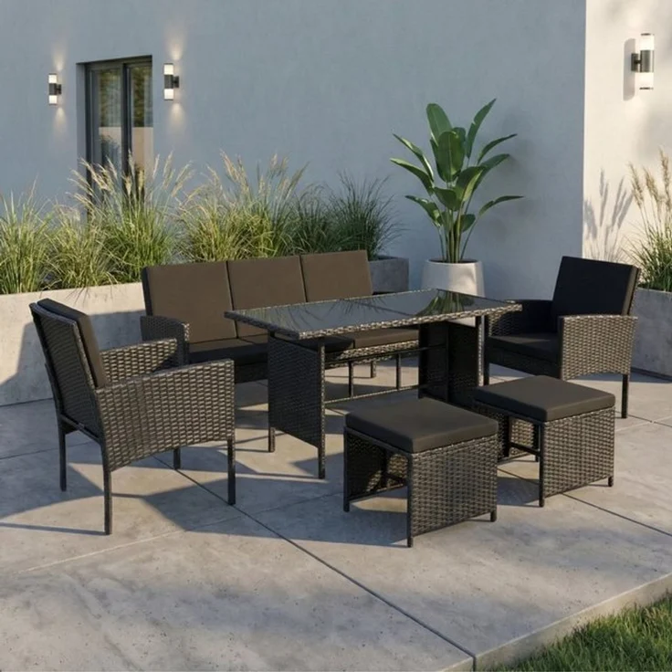 Home Collective Gartenlounge-Set Gartenmöbel Set 7-Sitzer Outdoor Sitzgruppe Möbel Lounge Polyrattan, (inkl. Esstisch mit gehärteter Glasplatte), 3-Sitzer Sofa, 2 Stühle, 2 Hocker Polyrattan Schwarz schwarze Kissen – Bild 4