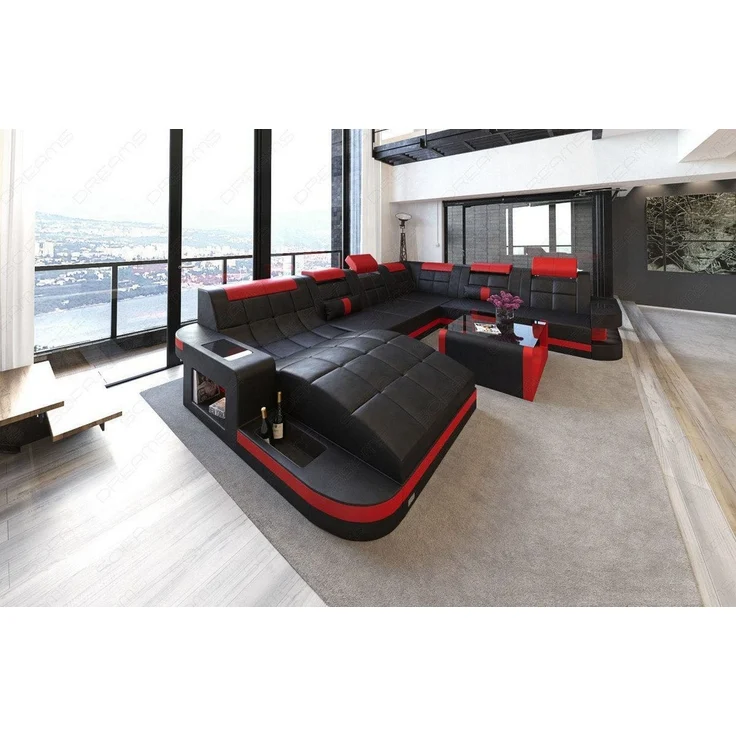 Sofa Dreams - Design Wohnlandschaft Wave XL mit LED - Kunstleder - schwarz-rot - Links – Bild 2