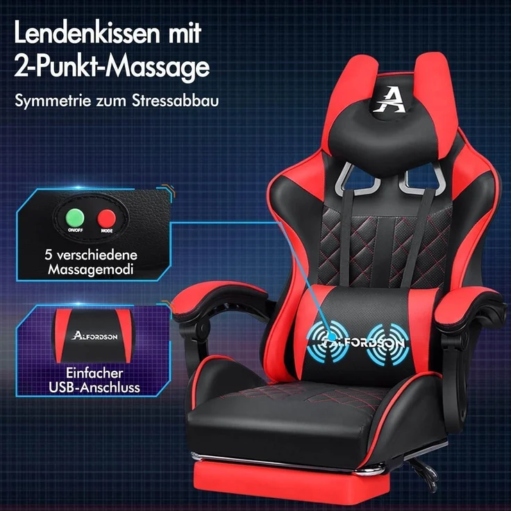 ALFORDSON Gaming-Bürostuhl mit Fußstütze und Lendenkissen, Rot – Bild 5
