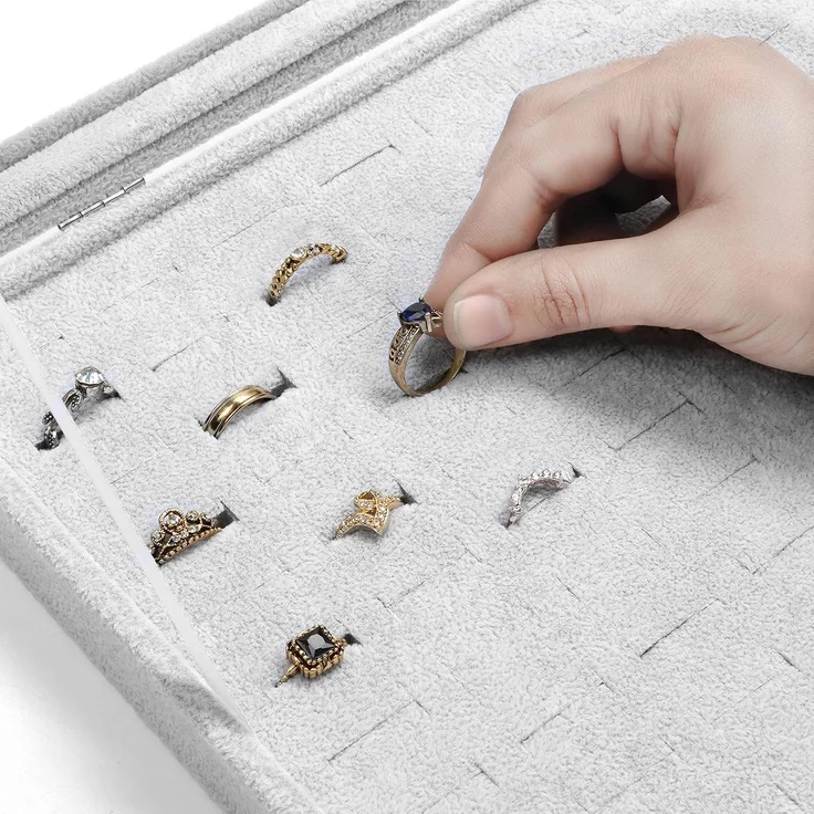 Belle Vous Schmuckständer Graue Schmuckaufbewahrungsbox: Ringbox mit 100 Fächern & Glasdeckel, Jewelry Storage Box: Gray Ring Box with 100 Compartments & Glass Lid – Bild 3