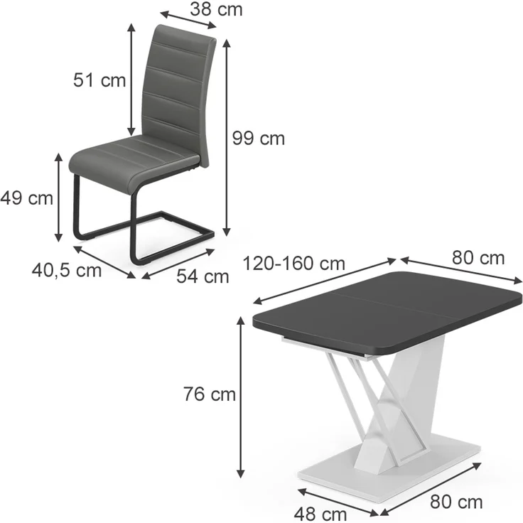 Esstisch-Set Fenaro Schwarz/Weiß 120 x 80 cm mit 4 Esszimmerstühlen, Grau Vicco – Bild 2