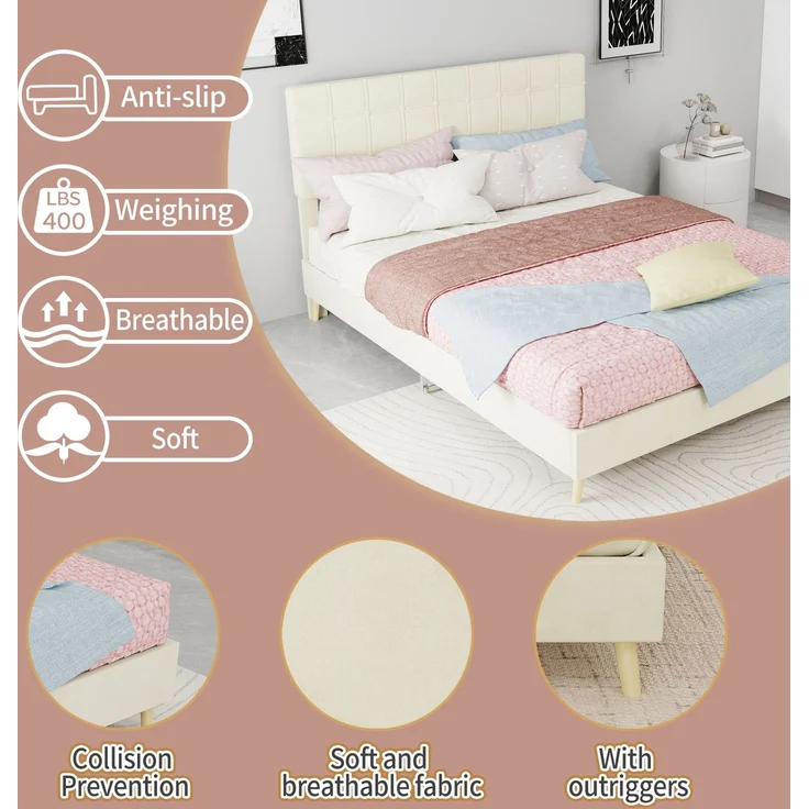 Novelux Polsterbett 140x200 cm mit Kariertem Kopfteil & Holzfüßen – Modernes Doppelbett aus Verschleißfestem Stoff, Massivholzrahmen, für Schlafzimmer, Beige – Bild 3
