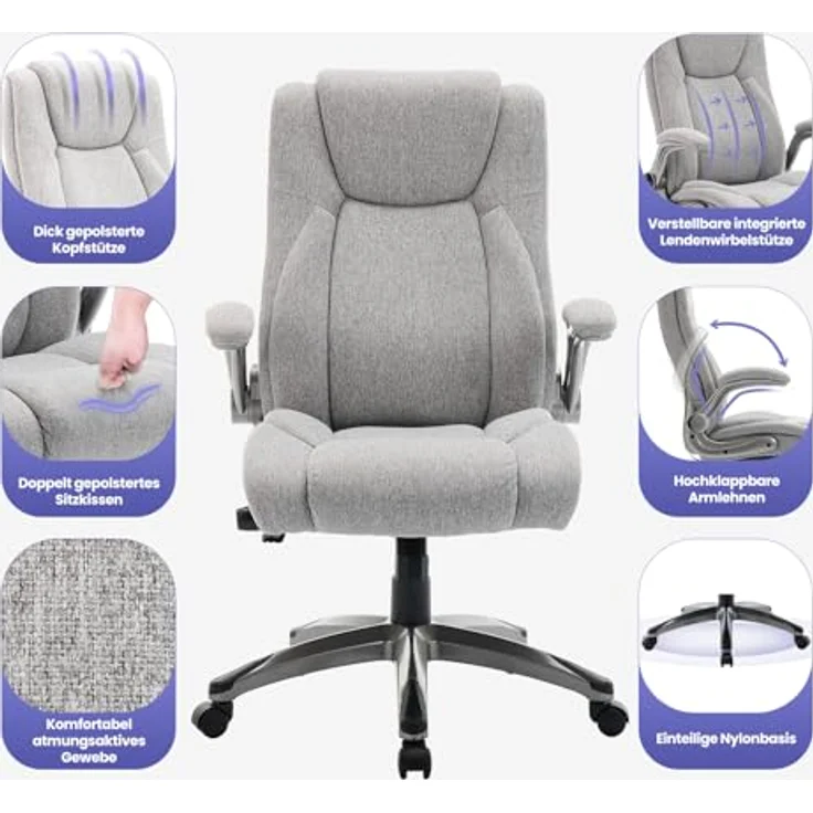 MALOL Ergonomischer Bürostuhl, Schreibtischstuhl aus Kunstleder mit elegantem Design, aufblasbarer Lendenstütze, Federkern-Sitzkissen, klappbaren Armlehnen, für Büro & Homeoffice, Grau – Bild 3