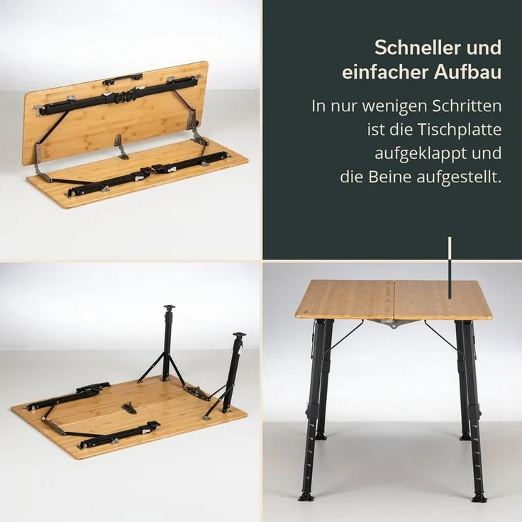 Skandika Campingtisch Tobro Bambus Klapptisch, Gartentisch, klappbar, faltbar, Balkontisch, stufenlos höhenverstellbar, 100 kg belastbar, wetterfest, Tragetasche – Bild 3