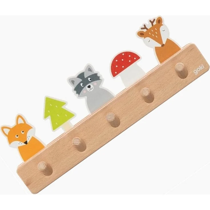 goki 60662 - Garderobe Waldfreunde aus Holz, Kindergarderobe mit 5 Haken, Niedliche Waldmotive Fuchs, Waschbär, Reh, Hakenleiste für Kinderzimmer, Fördert Ordnung und Selbstständigkeit, ab 1 Jahr – Bild 2