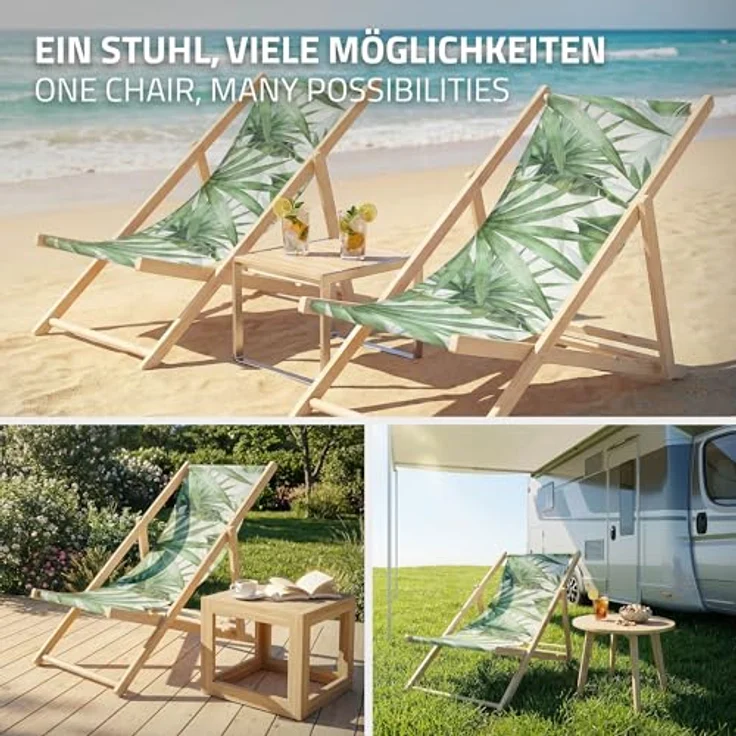 ECD Germany Gartenliege Holz Liegestuhl, 2er Set klappbare Strandliege mit 3-fach verstellbarer Rückenlehne, Grün-Weiß mit Palme – Bild 8