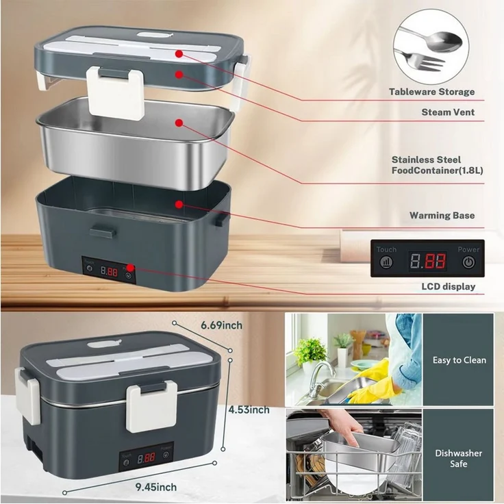 Athlix Elektrische Lunchbox 2L Elektrische Lunchbox, 80W Schnellheizung für Auto & Zuhause, Herausnehmbarer Edelstahl-Innenbehälter,Tragegriff und Isoliertasche – Bild 4