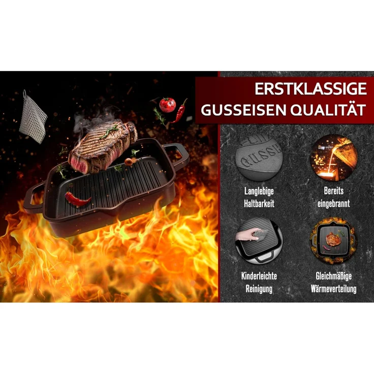 Grill-Feuerpfanne 30 cm aus Gusseisen mit 2 Henkeln – vorgebrannt, hitzebeständig bis 300 °C, für Induktion & Grill inkl. Ringreiniger – Bild 6