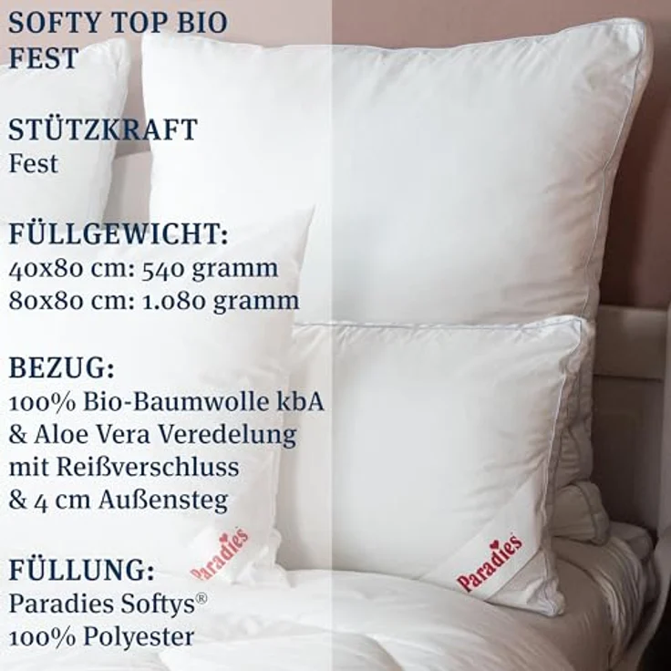 Paradies Kopfkissen Softy Top Bio, Füllung: 100% Polyester, Bezug: 100% Bio-Baumwolle, Bauchschläfer, Seitenschläfer, Rückenschläfer, hergestellt in Deutschland, Füllmengenanpassung durch Reißverschluss – Bild 4