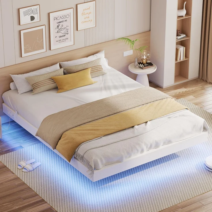 IRONCK Bettgestell 160x200 cm, Schwebender Bett mit LED Beleuchtung, Gepolsterte Seitenwände, 2 AC-Steckdosen, 2 USB-A-Anschluss, 1 USB-C-Anschluss, Metallbett mit Lattenrost Doppelbett, Weiß