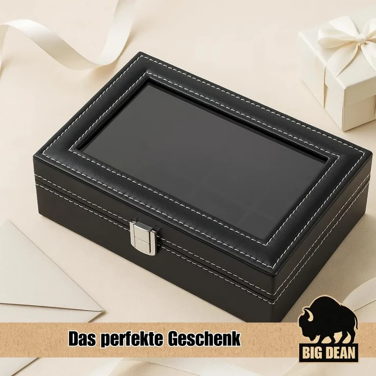 BigDean Uhrenbox für 12 Uhren Glasdeckel - schicke Uhrenbox Herren Watch Box (Packung, 1 St, Uhrenbox), Edle Optik, Kunstleder, Sammler, Samtfutter – Bild 8